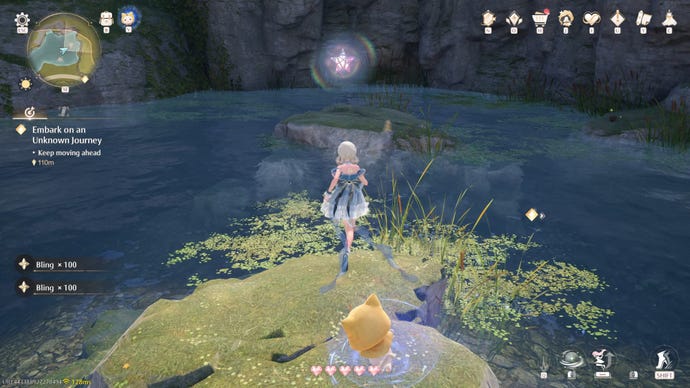 Nikki in Infinity Nikki hops across the river towards a Whimstar.