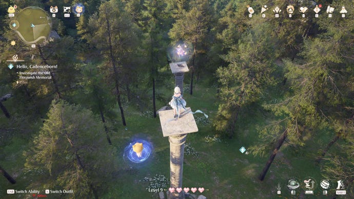 Nikki in Infinity Nikki stands on a stone pillar and looks towards another stone pillar with a Whimstar atop it.