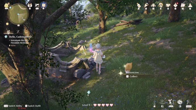 Nikki in Infinity Nikki approaches a magical Whimstar ferret in a forest.