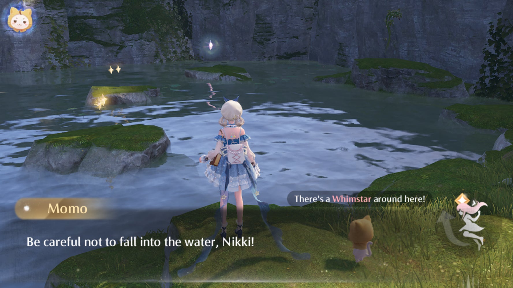 Momo pointing Nikki towards a Whimstar across a pond in Infinity Nikki. - 3