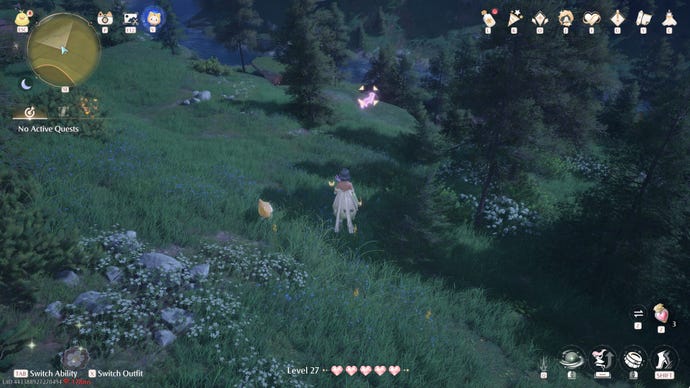 Nikki in Infinity Nikki approaches a Whimstar in the region of Stoneville.