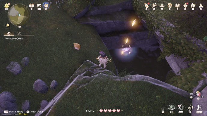 Nikki in Infinity Nikki approaches a Whimstar in the region of Stoneville.