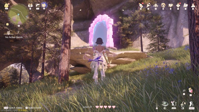 Nikki in Infinity Nikki approaches a Whimstar in the region of Stoneville.