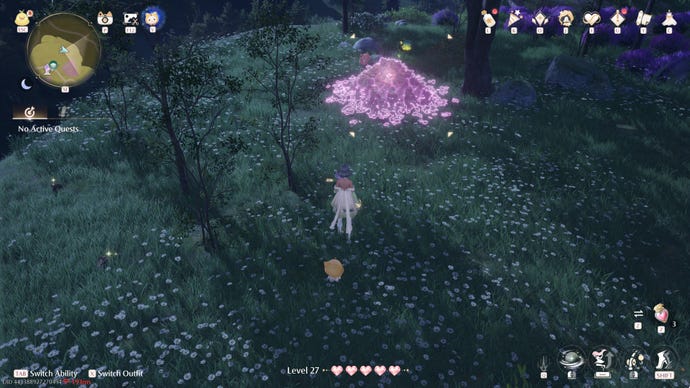 Nikki in Infinity Nikki approaches a Whimstar in the region of Stoneville.