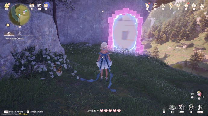 Nikki in Infinity Nikki approaches a Whimstar in the region of Stoneville.