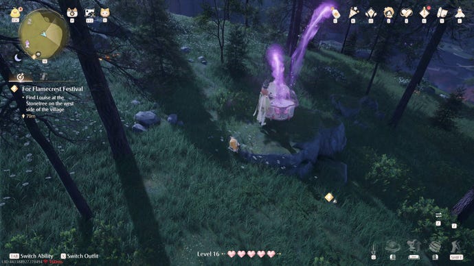 Nikki in Infinity Nikki approaches a Whimstar in the region of Stoneville.