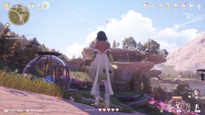 Nikki in Infinity Nikki approaches a Whimstar in the region of Stoneville.