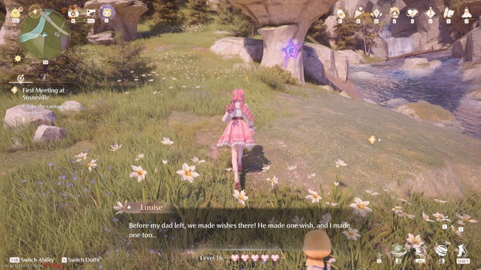 Nikki in Infinity Nikki approaches a Whimstar in the region of Stoneville.