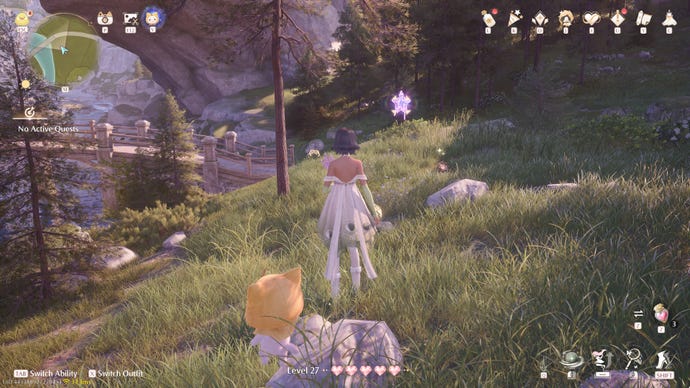 Nikki in Infinity Nikki approaches a Whimstar in the region of Stoneville.