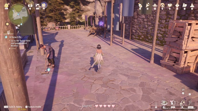 Nikki in Infinity Nikki approaches a Whimstar in the region of Stoneville.