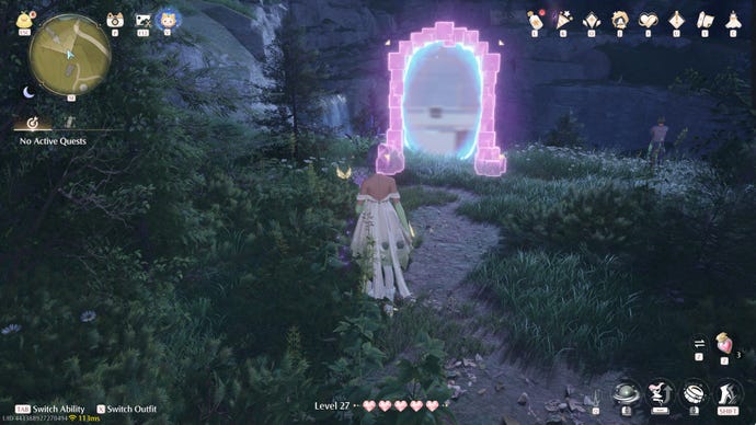 Nikki in Infinity Nikki approaches a Whimstar in the region of Stoneville.