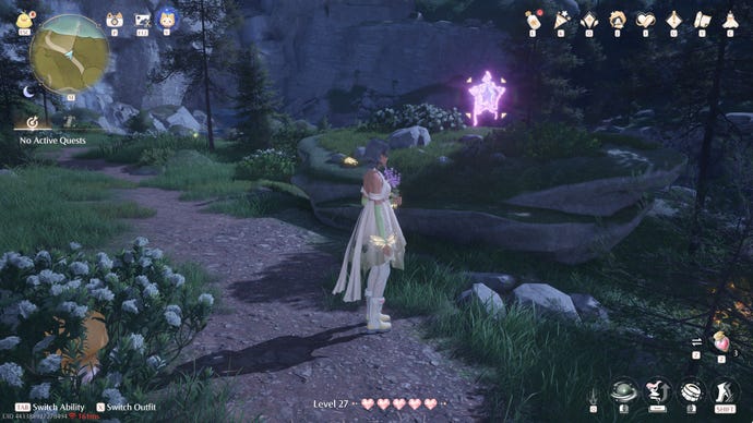 Nikki in Infinity Nikki approaches a Whimstar in the region of Stoneville.