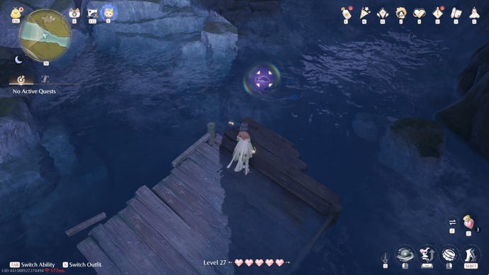 Nikki in Infinity Nikki approaches a Whimstar in the region of Stoneville.