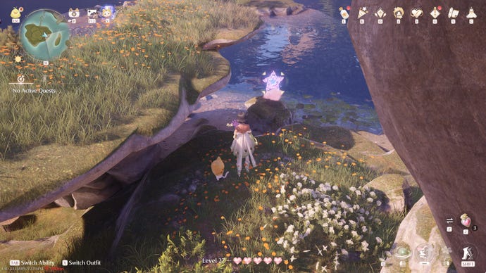 Nikki in Infinity Nikki approaches a Whimstar in the region of Stoneville.