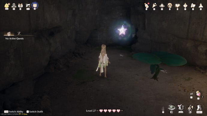 Nikki in Infinity Nikki approaches a Whimstar in the region of Stoneville.