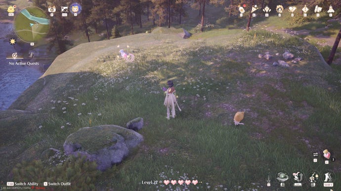 Nikki in Infinity Nikki approaches a Whimstar in the region of Stoneville.