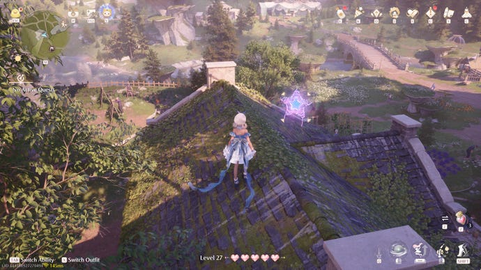 Nikki in Infinity Nikki approaches a Whimstar in the region of Stoneville.