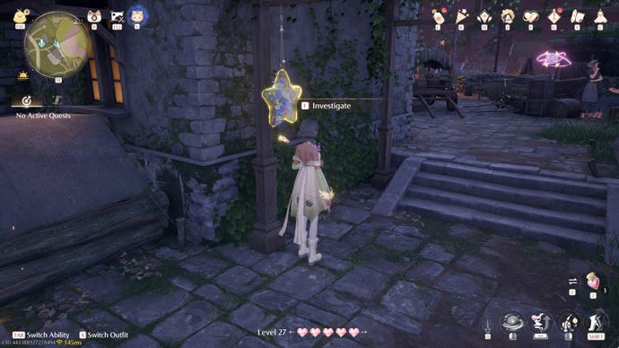 Nikki in Infinity Nikki approaches a Whimstar in the region of Stoneville.