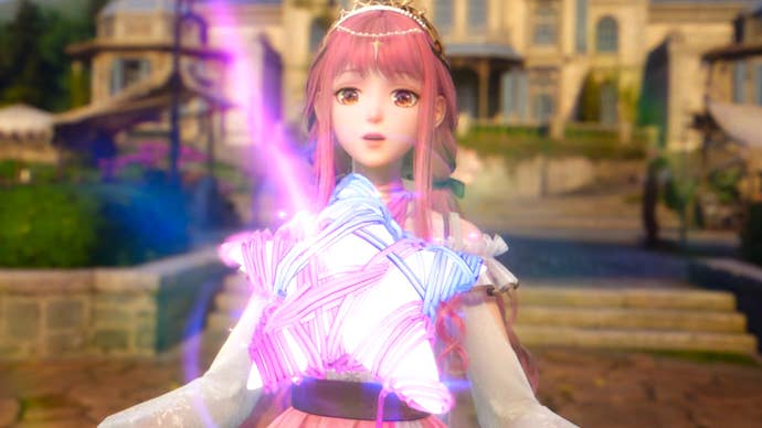 Nikki in an Infinity Nikki cutscene watches as a Whimstar floats towards her chest.