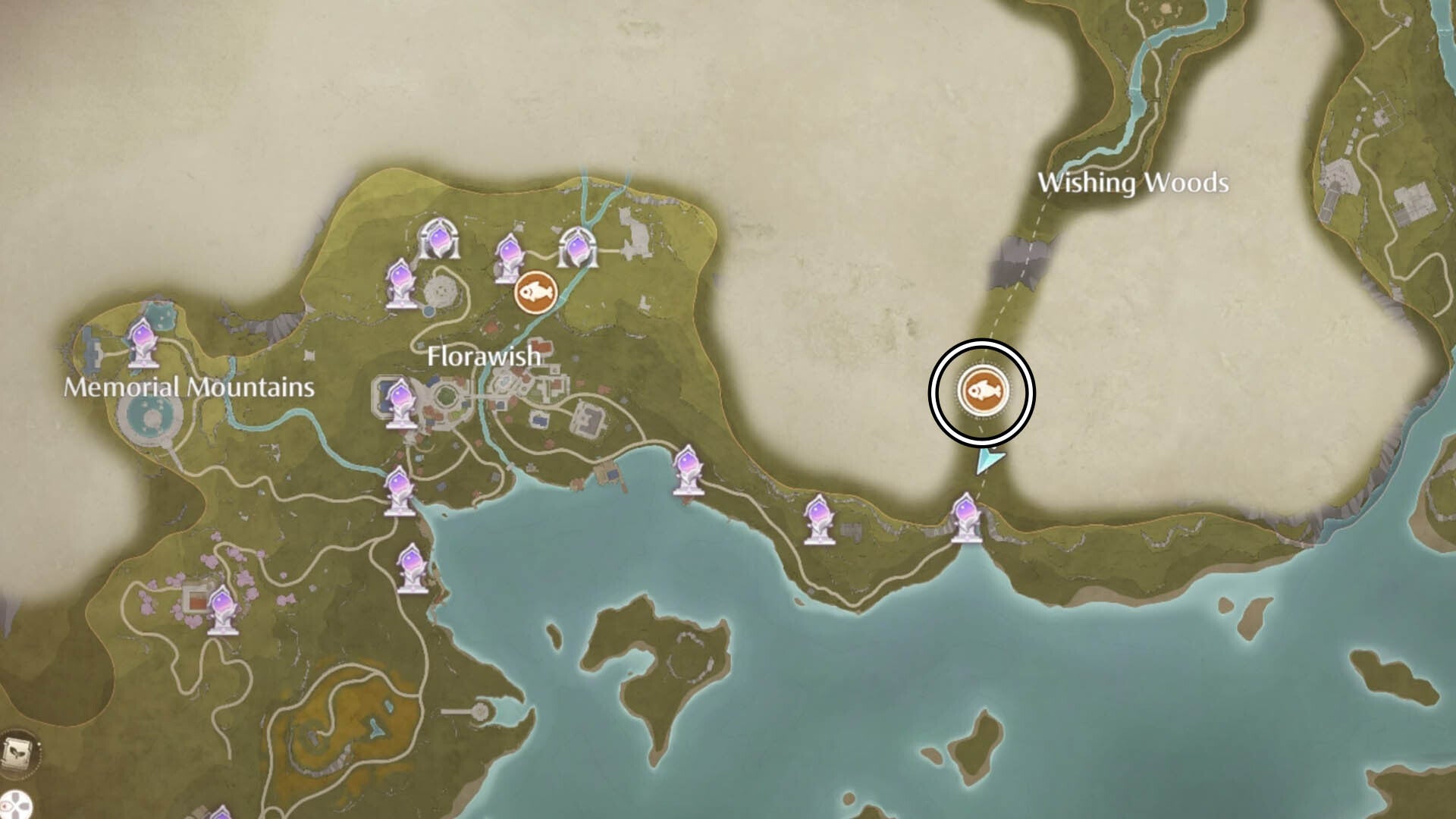 infinity nikki wishing woods lamp fish map location