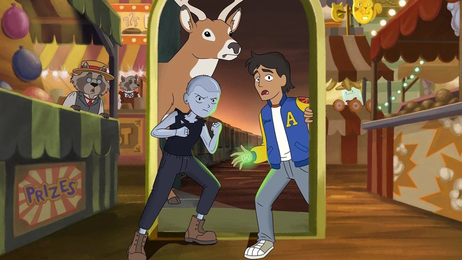 Infinity Train season 2 key art showing MT, a chrome-looking teen girl with a shaved head, stood in a doorway portal with Jesse, a highschooler wearing a varsity jacket with a glowing number on his hand, and a deer. - 1