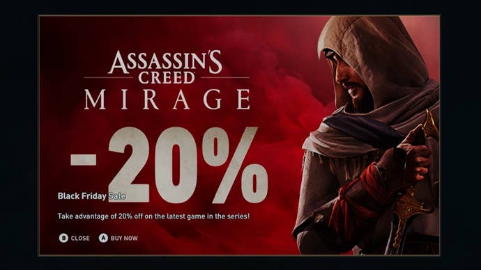 An in-game advert resulting from a technical error in Assassin’s Creed: Odyssey, showing a Black Friday discount for AC: Mirage
