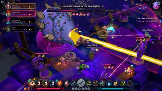 Four players battle laser-firing boss Argolath in co-op roguelike Inkbound.