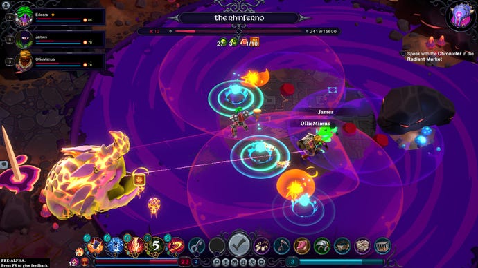 Ollie, James, and Ed fight a Rhinferno boss in Inkbound, with purple mist and markers filling the arena.