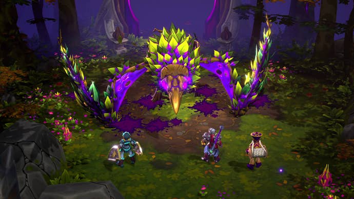 A massive crow boss looms over three players in Inkbound.