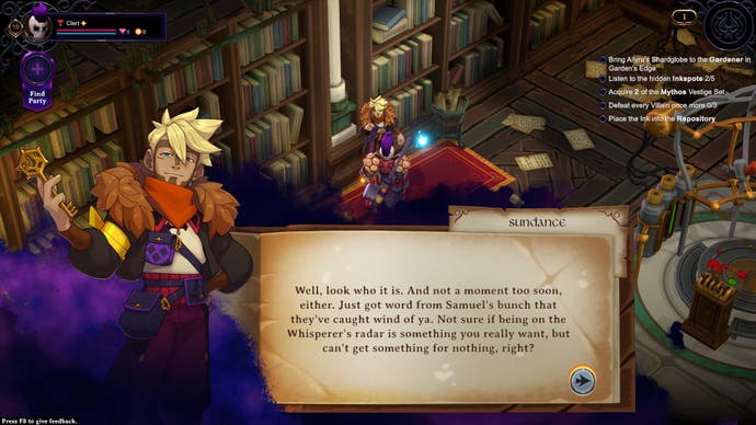 Diálogo com um personagem em Inkbound.  Uma ilustração de uma cabeça falante aparece ao lado de uma janela de texto.
