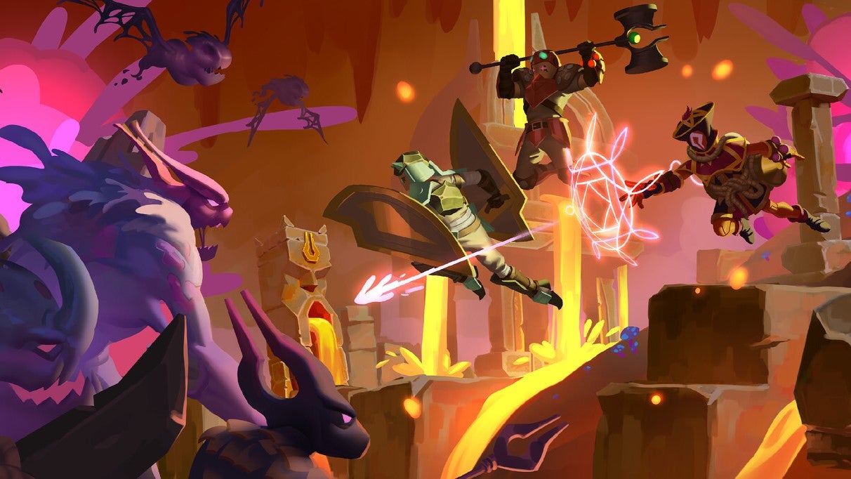 A colourful piece of concept art showing a trio of fantasy heroes leaping towards a horde of shadowy beasts.