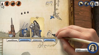 Inkulinati - A real human hand draws medieval art in a book. Nuns and armed hares are dressed in blue and have names and stats for a turn-based game.