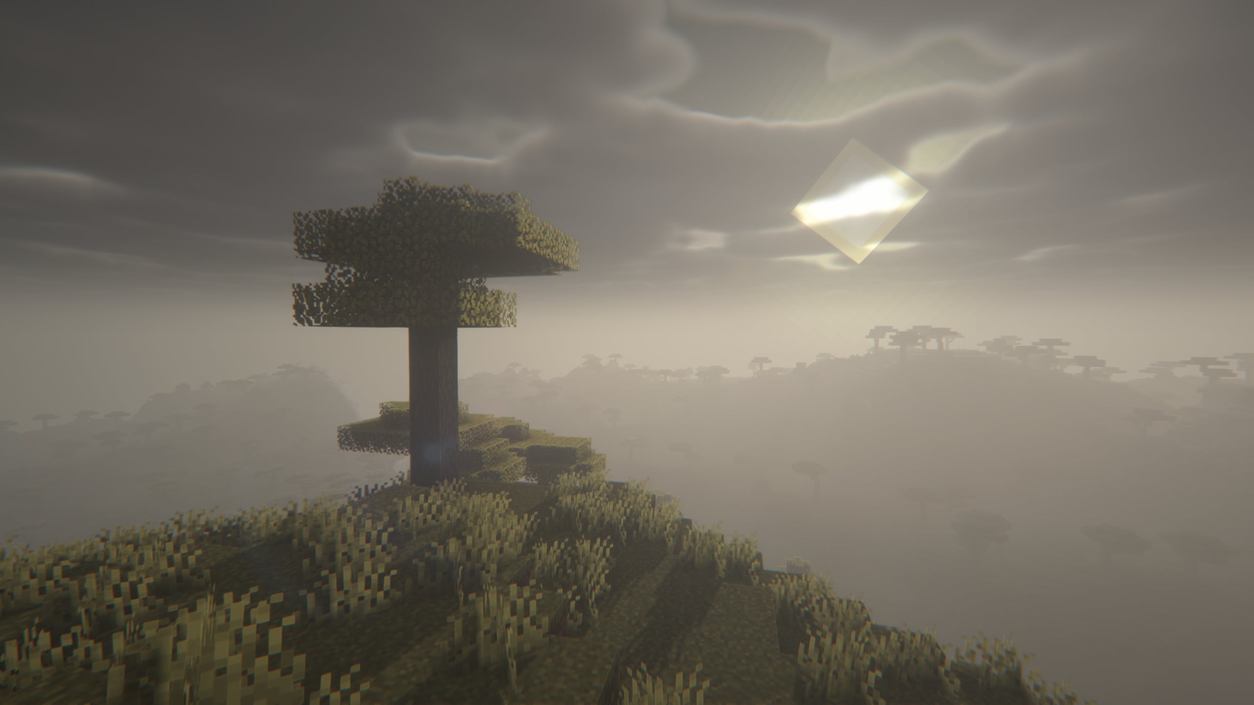 A foggy Minecraft landscape with a single tree in the foreground showcasing Insanity Shaders.