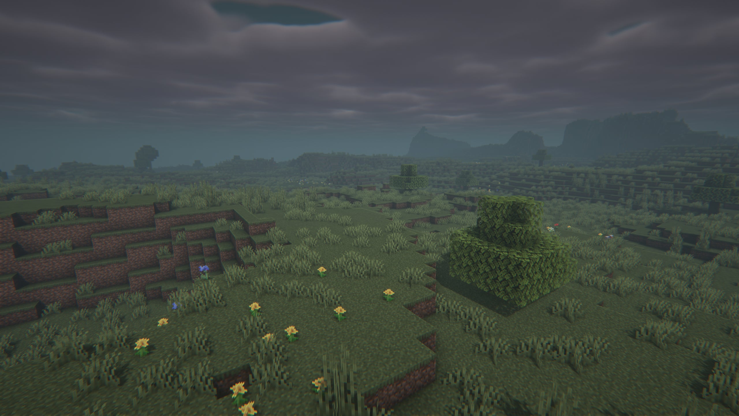 A foggy Minecraft plains biome showcasing Insanity Shaders.