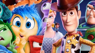 On the left, Joy from Inside Out squished up against the other cast members. On the right, Bo Peep, Woody, and Buzz from Toy Story 4 all stood next to each other.
