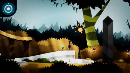 A small unicycle character crosses a cartoon landscape in Insight Of L