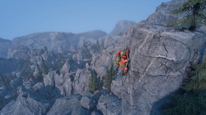 A climber clings to a rock wall in Insurmountable, with a valley stretching away below.