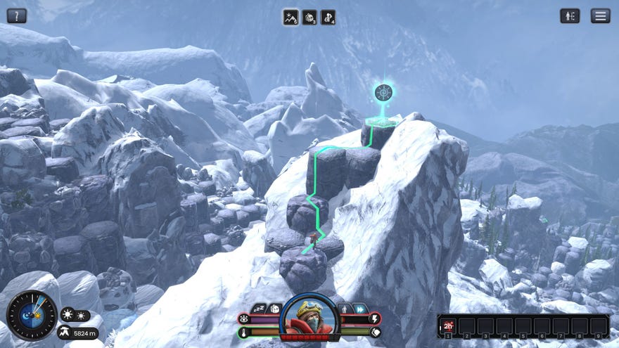 A screenshot of Insurmountable, a roguelike about climbing a mountain, showing a snowy mountain made of hexes with a route plotted by a line towards the mountain’s peak.