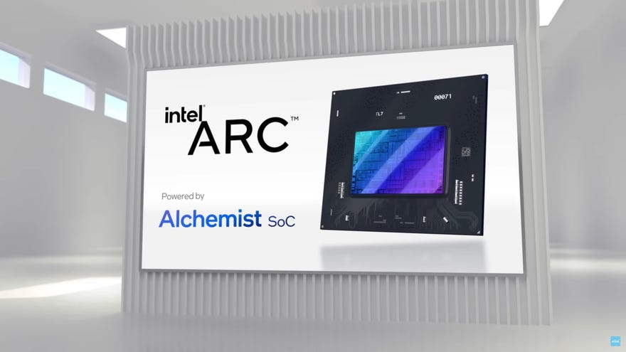 A promotional image of Intel’s Alchemist-based Arc GPU.