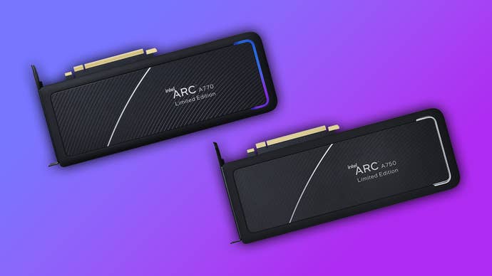 intel arc a770 and a750 graphics cards on a coloured gradient background