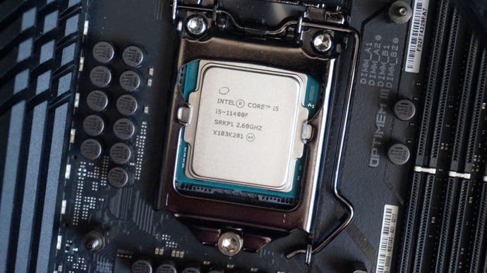 Intel’s Core i5-11400F processor seated on a motherboard