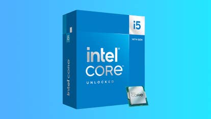 Intel Core i5-14600K processor and box on a gradient background