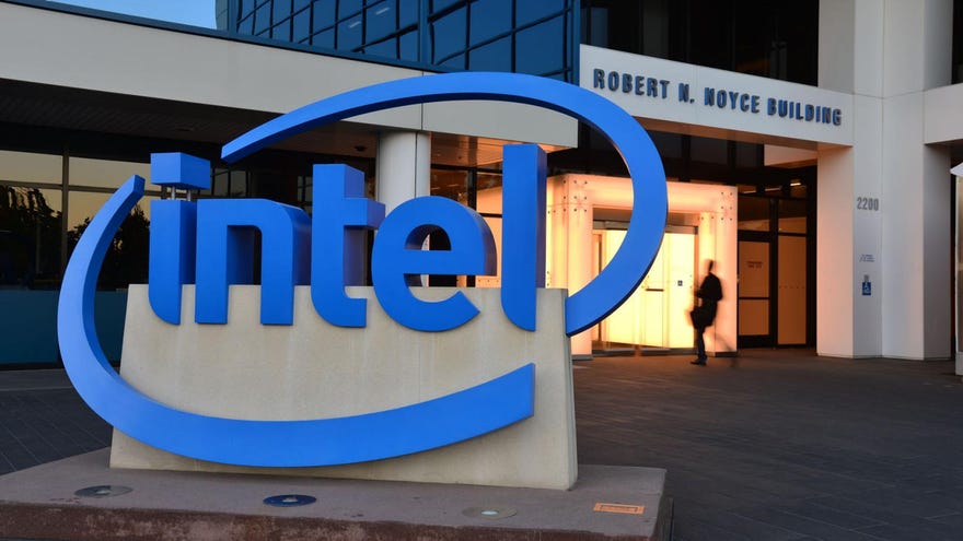 A large Intel sign outside the company’s main HQ in Santa Clara, California.