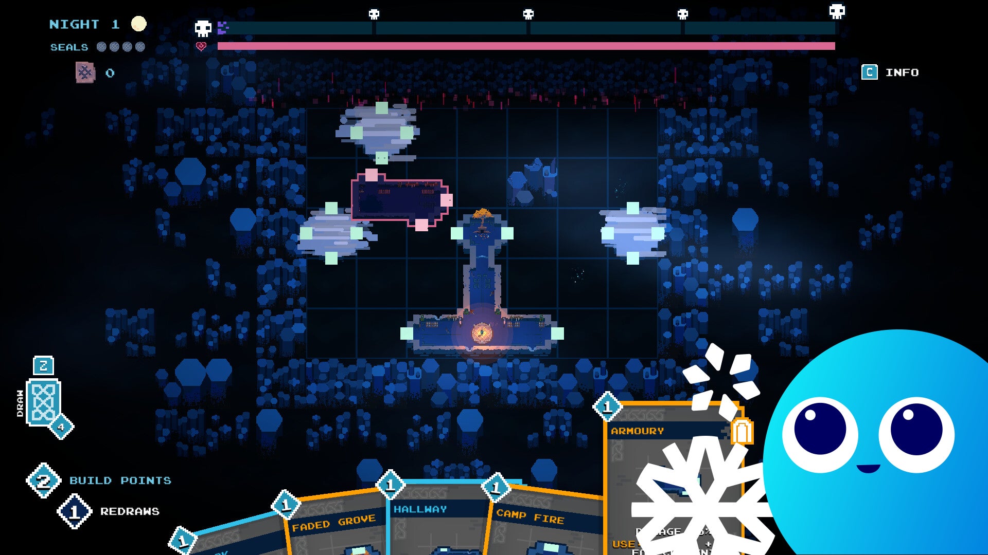 A screenshot of deckbuilding dungeon crawler Into The Restless Ruins with a horrific blue homunculus staring lovingly from the corner. - 1