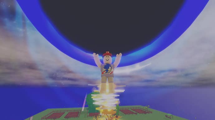 A player is sucked into an ominous void in the sky during a Black Hole event in Grow A Garden.