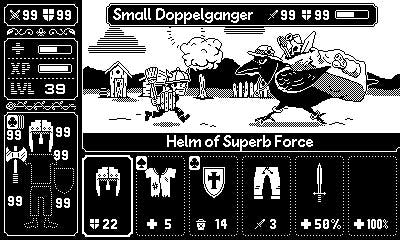 A black and white screenshot of the game Inventory Hero for Playdate. A small window of action is surrounded by RPG stats and, most importantly, an inventory.