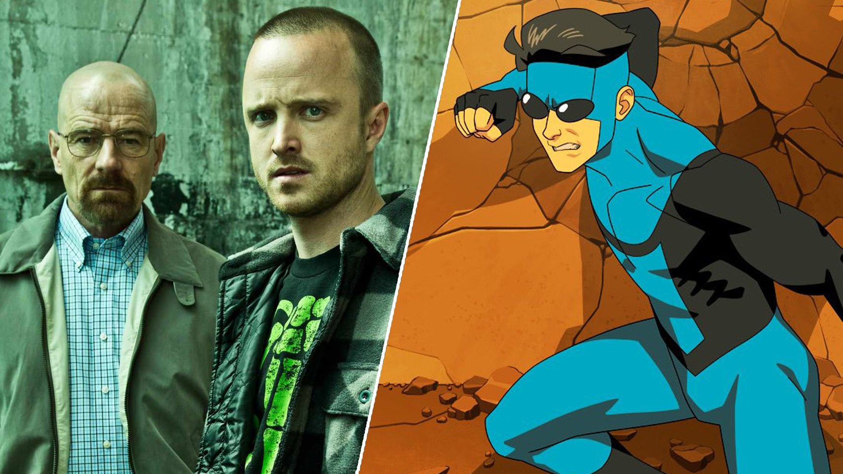 On the left, Walter White and Jesse Pinkman from Breaking Bad, both with shaved heads stood in an abandoned building looking into the character. On the right, the titular Invincible in his blue and black suit preparing to fight, close to a broken stone wall. - 1