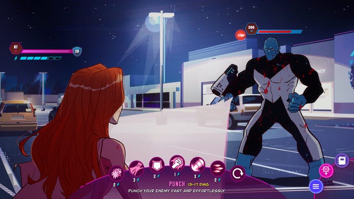 Invincible Presents: Atom Eve gameplay showing its light turn-based combat as Eve confronts an enemy