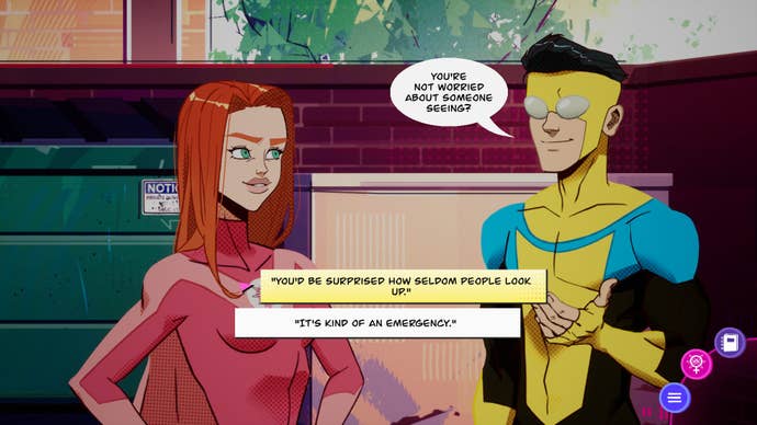 Invincible Presents: Atom Eve gameplay showing multiple dialogue options during a conversation between Eve and Invincible
