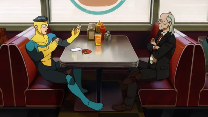 Invincible season 3 teaser trailer still showing Mark in his super suit hands ready to fight in a diner booth, Cecil, an old, balding man opposite him.